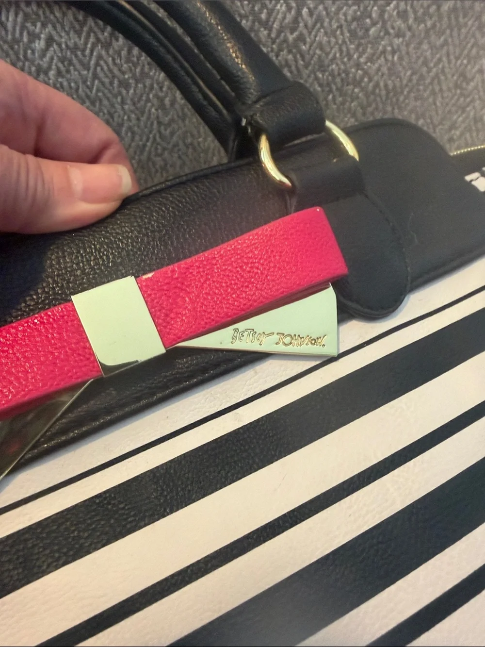 RARE Betsey Johnson Black & White Striped Purse with Pink Bow